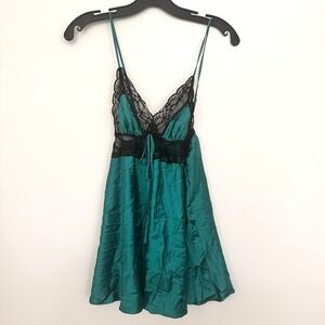 Victorias Secret Babydoll Top Medium Green Silky Slip‎ Dress Y2K Cami Coquette